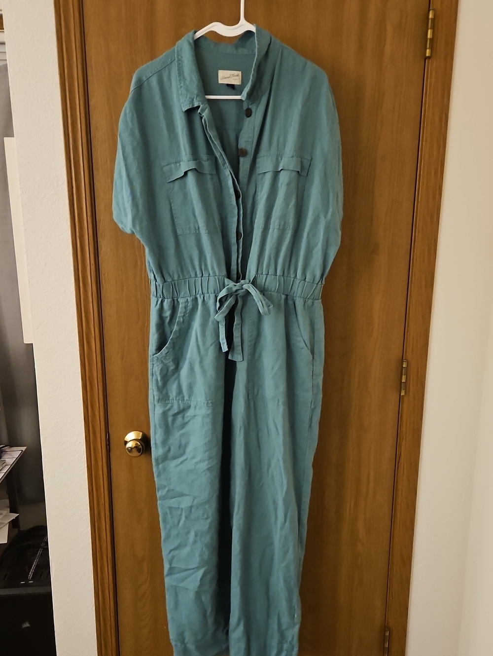 Universal Thread Light Green Button-Front Utility Jumpsuit with Tie Waist